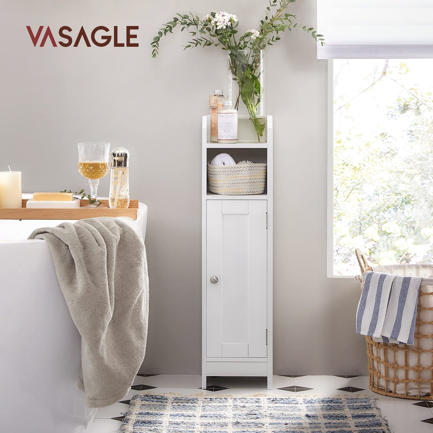 VASAGLE Small Bathroom Storage Corner Floor Cabinet with Door and Shelves, Bathroom Storage Organizer, Narrow Bathroom Toilet Paper Storage Cabinet, Adjustable Shelves, White UBBC310W01