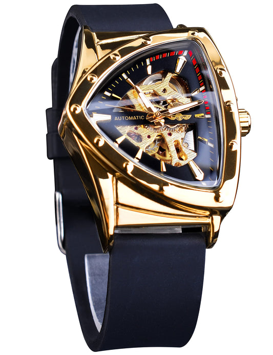 FORSINING Skeleton Watches for Men, Automatic Mechanical Watch with Triangle Dial, Luminous Self Winding Watches Stainless Steel Bracelet or Soft Silicone Strap