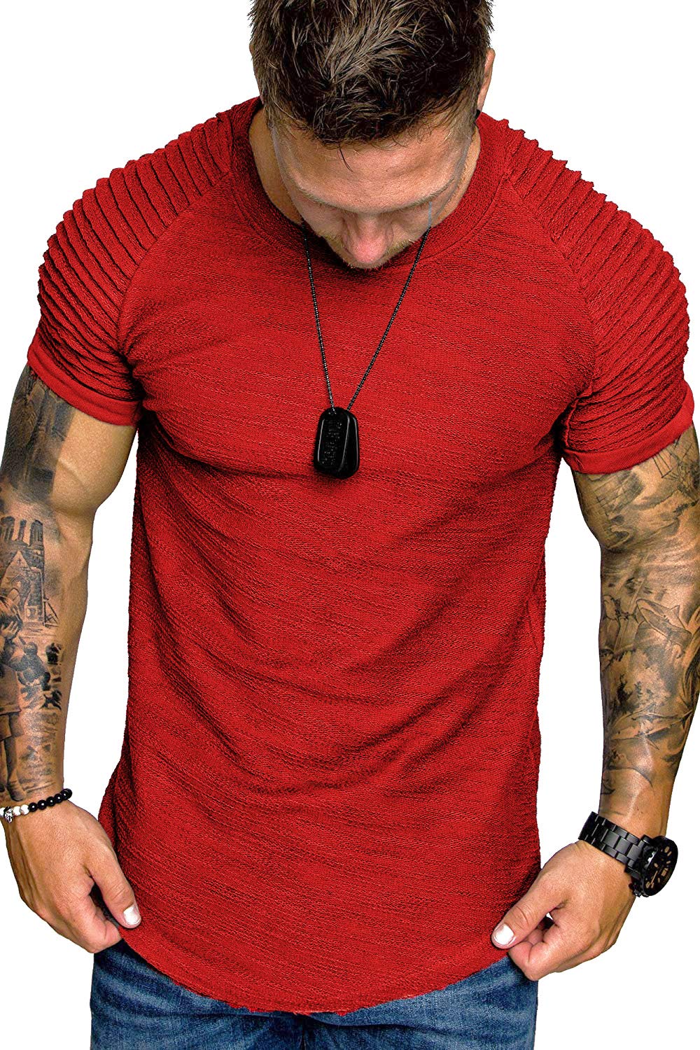 COOFANDY Men's Muscle T-Shirt Pleated Raglan Sleeve Bodybuilding Gym Tee Short Sleeve Fashion Workout Shirts Hipster Shirt