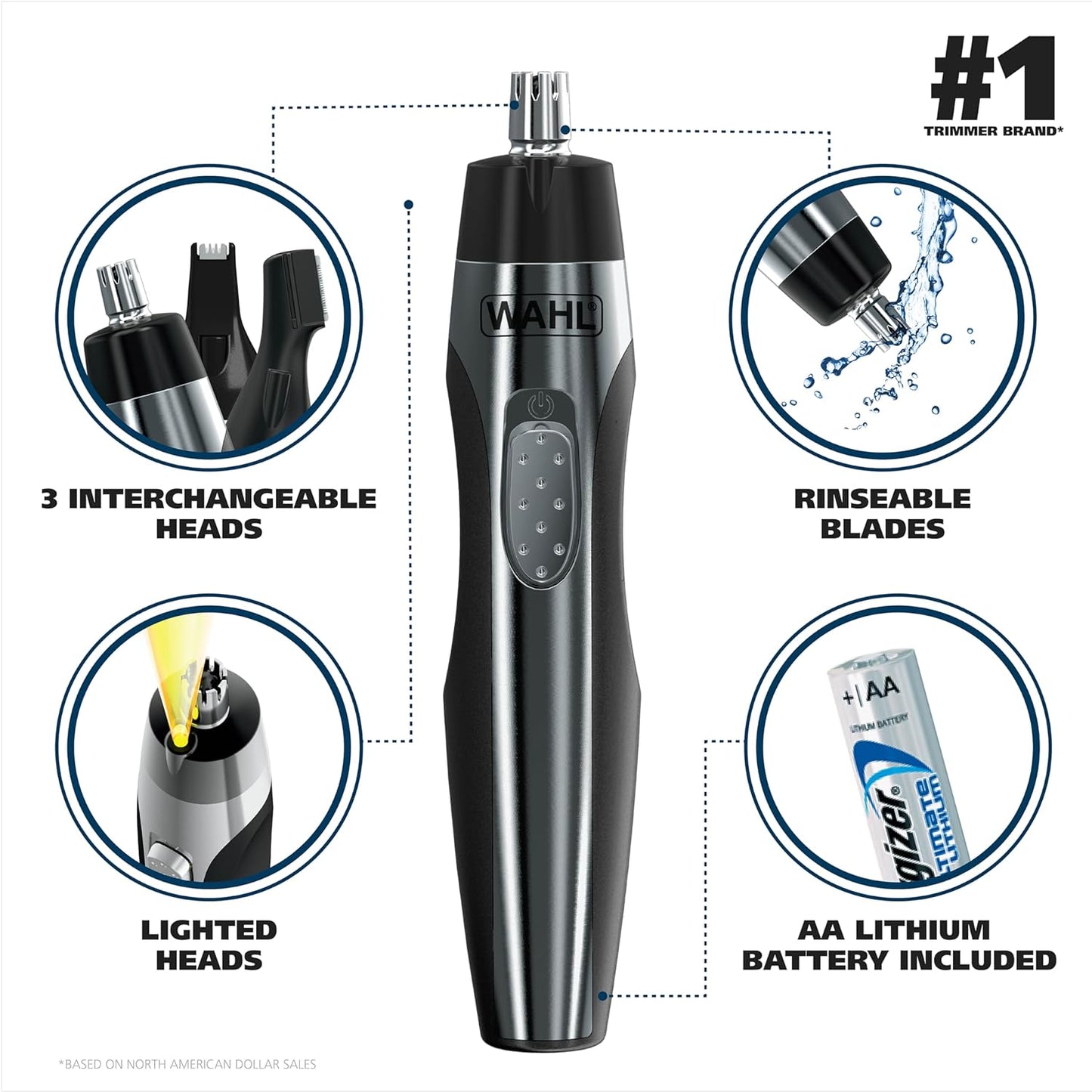 Wahl Lithium Battery Powered Lighted Ear, Nose, & Brow Trimmer – Painless Eyebrow & Facial Hair Detail Personal Trimmer – Model 5546-400