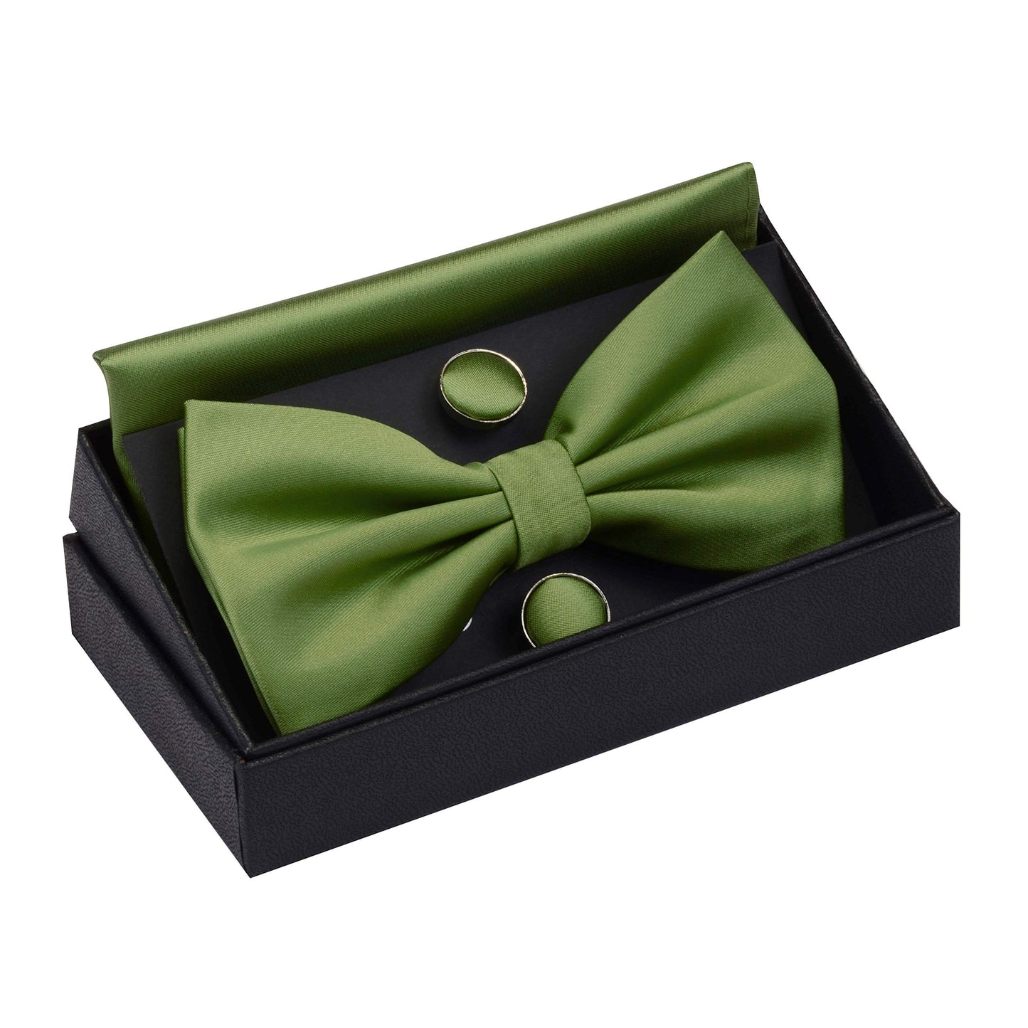 GUSLESON Mens Solid Color Double Fold Pre-tied Bow Tie and Pocket Square Cufflink Set with Gift Box