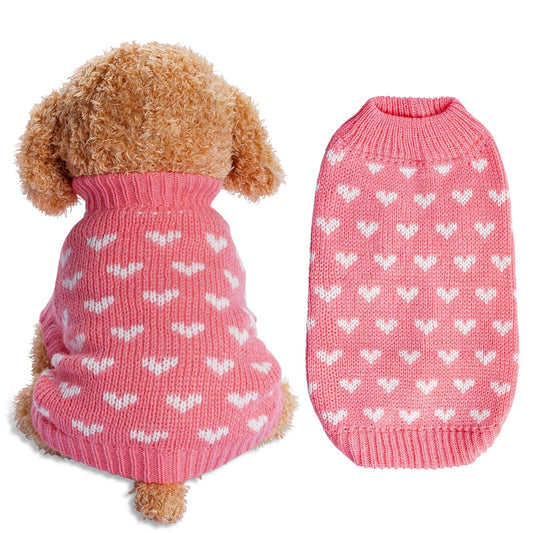 Dog Knitted Sweater Heart Puppy Sweater Warm Soft Pet Holiday Clothes for Small Cats and Dogs (Pink, S)