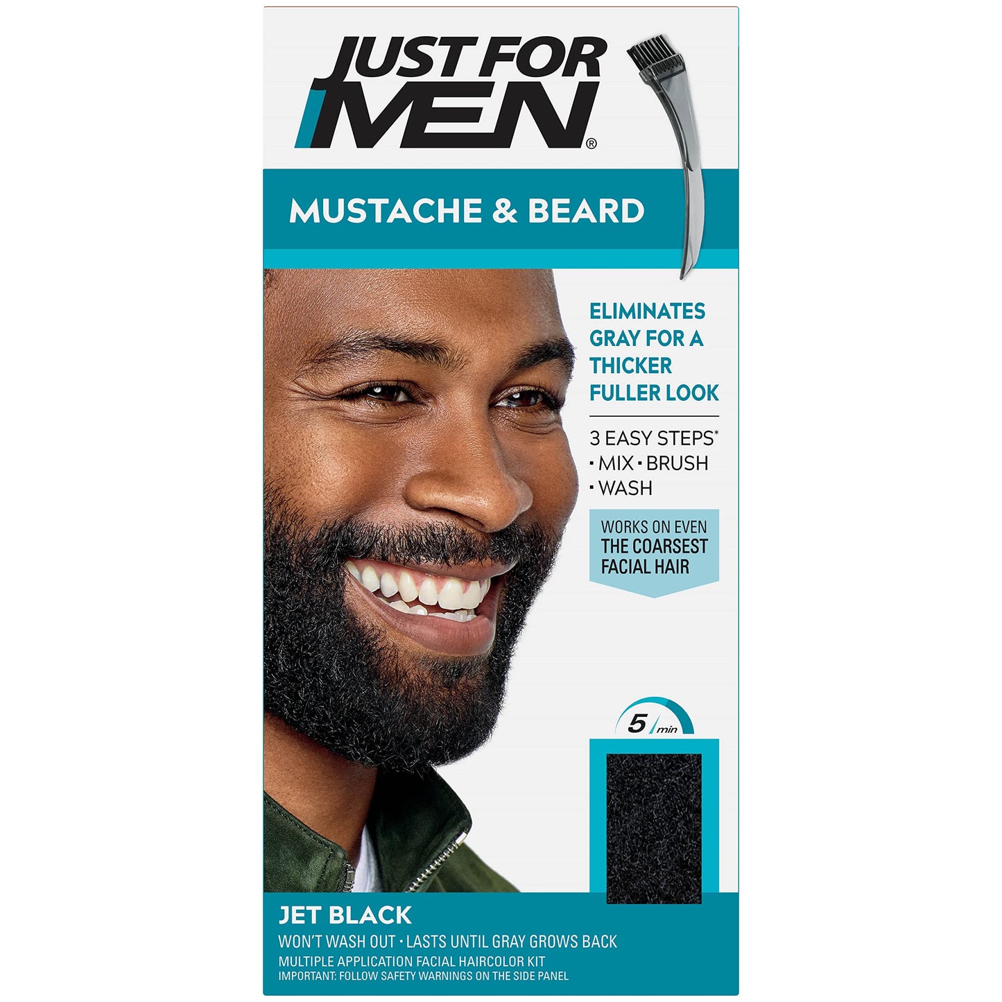 Just For Men Mustache & Beard, Beard Dye for Men with Brush Included for Easy Application, With Biotin Aloe and Coconut Oil for Healthy Facial Hair - Real Black, M-55, Pack of 3