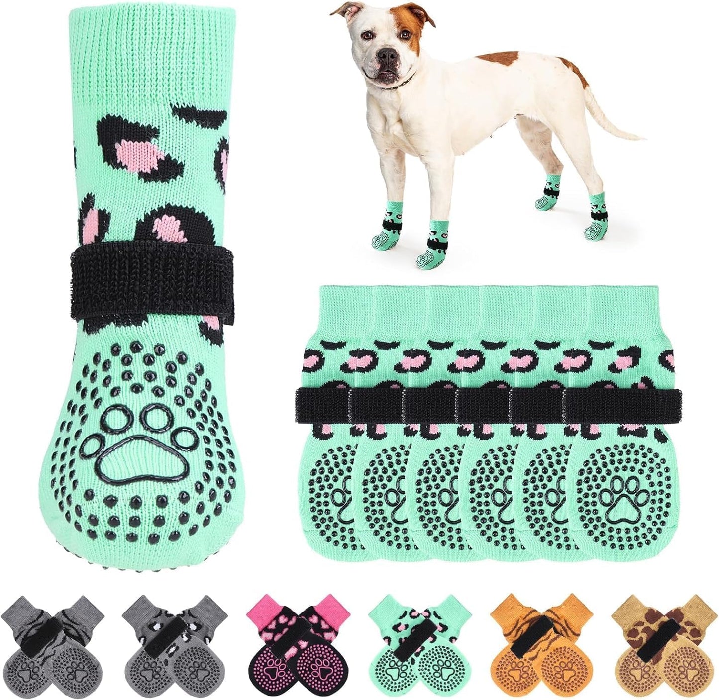 KOOLTAIL Non-Slip Dog Socks-Double Sides Grip for Hardwood Floor,3 Pairs Leopard Print Dog Boots,Traction Control Injury Prevent Licking Paw Protector Dog Shoes for Small Medium Large Old Senior Dogs