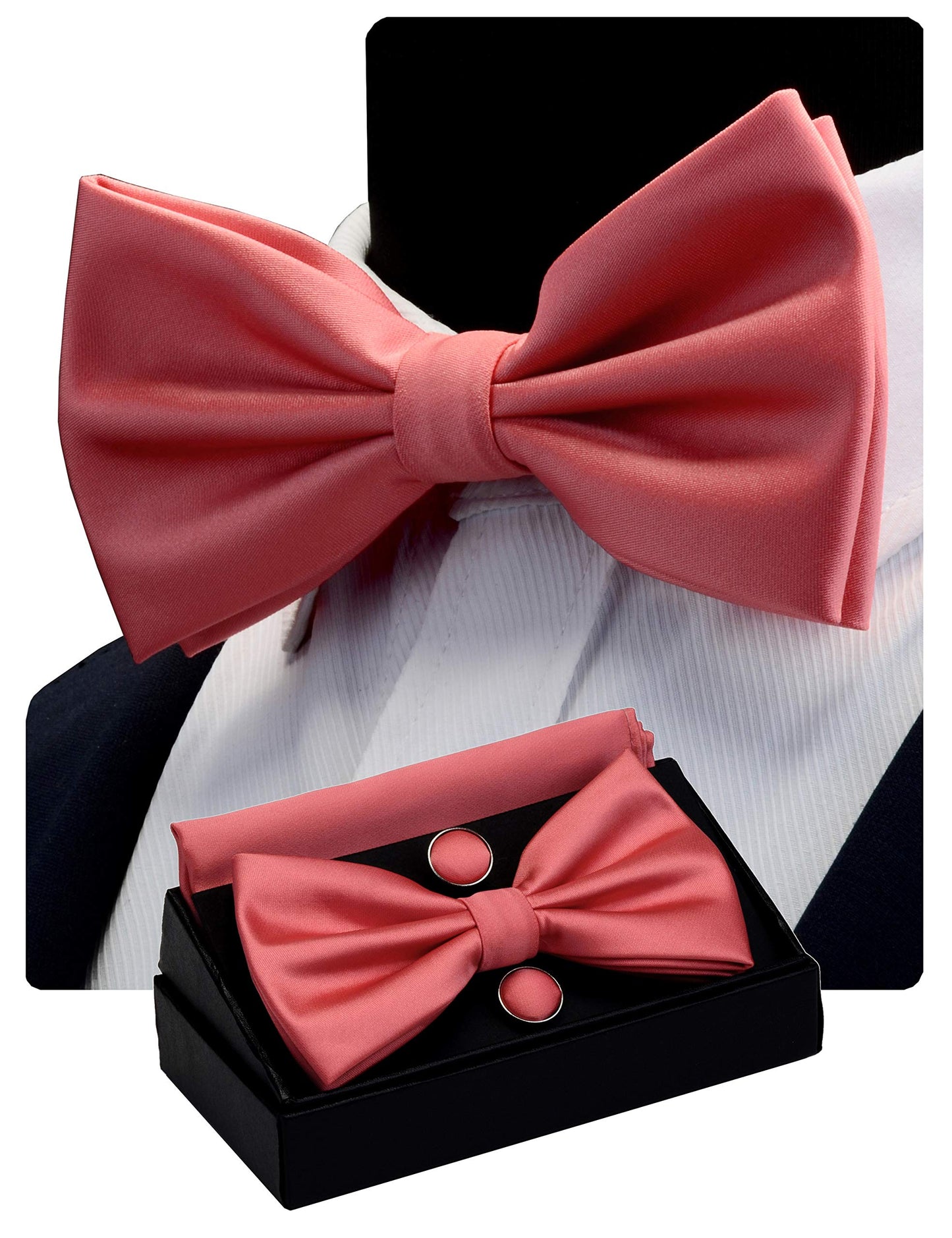 GUSLESON Mens Solid Color Double Fold Pre-tied Bow Tie and Pocket Square Cufflink Set with Gift Box