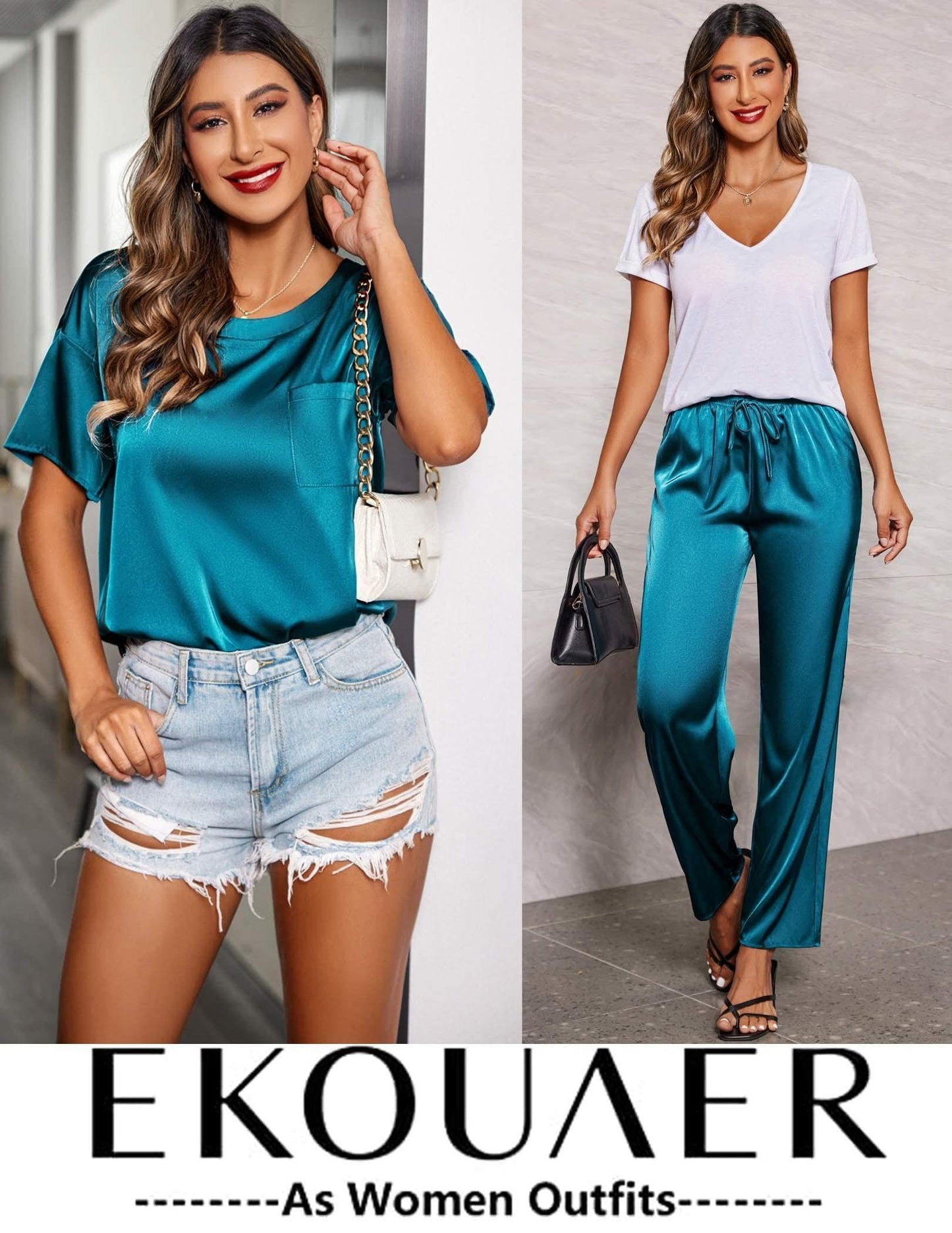 Ekouaer Womens Satin Silky Pajama Set Short Sleeve Shirt with Long Pajama Pant Set Soft PJ Loungewear