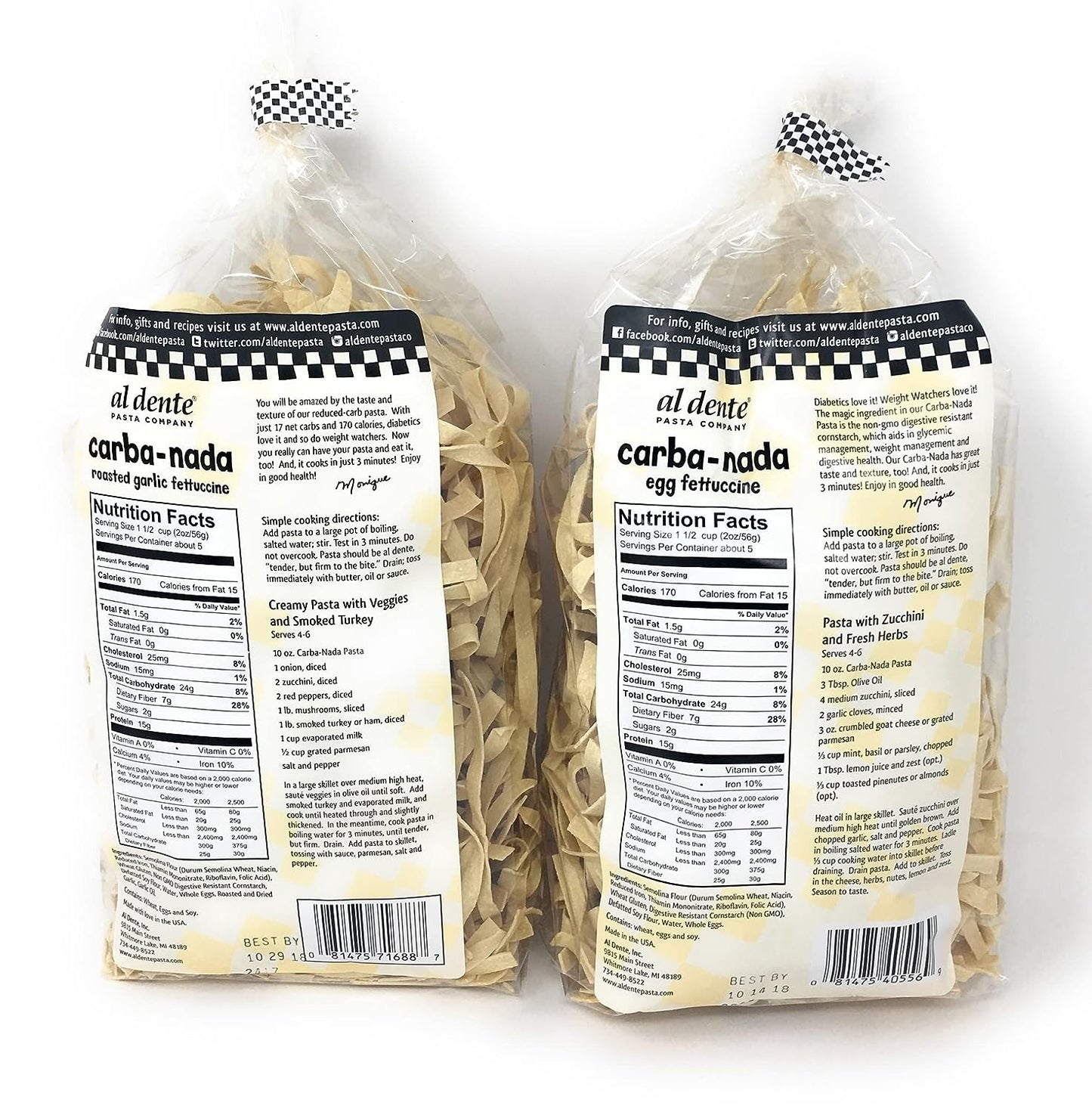 Carba-nada Reduced Carb Fettuccine Pasta Bundle Of Two 10 Ounces Bags: One Egg and One Garlic Roasted Fettuccine