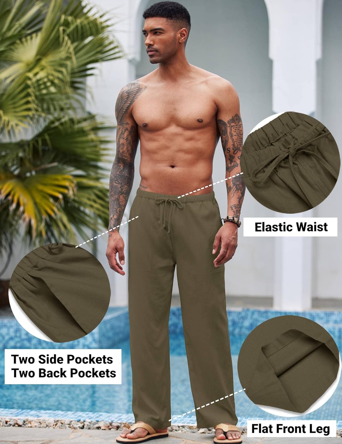 COOFANDY Mens Linen Drawstring Pants Elastic Waist Lightweight Trouser Casual Yoga Summer Beach Pant