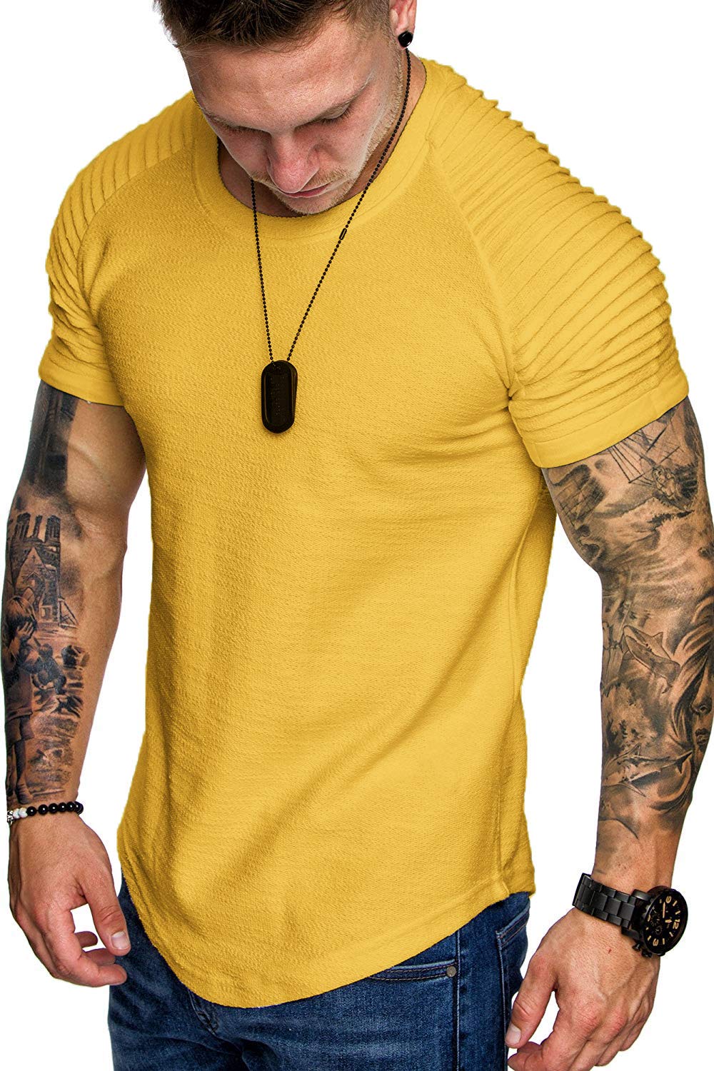 COOFANDY Men's Muscle T-Shirt Pleated Raglan Sleeve Bodybuilding Gym Tee Short Sleeve Fashion Workout Shirts Hipster Shirt