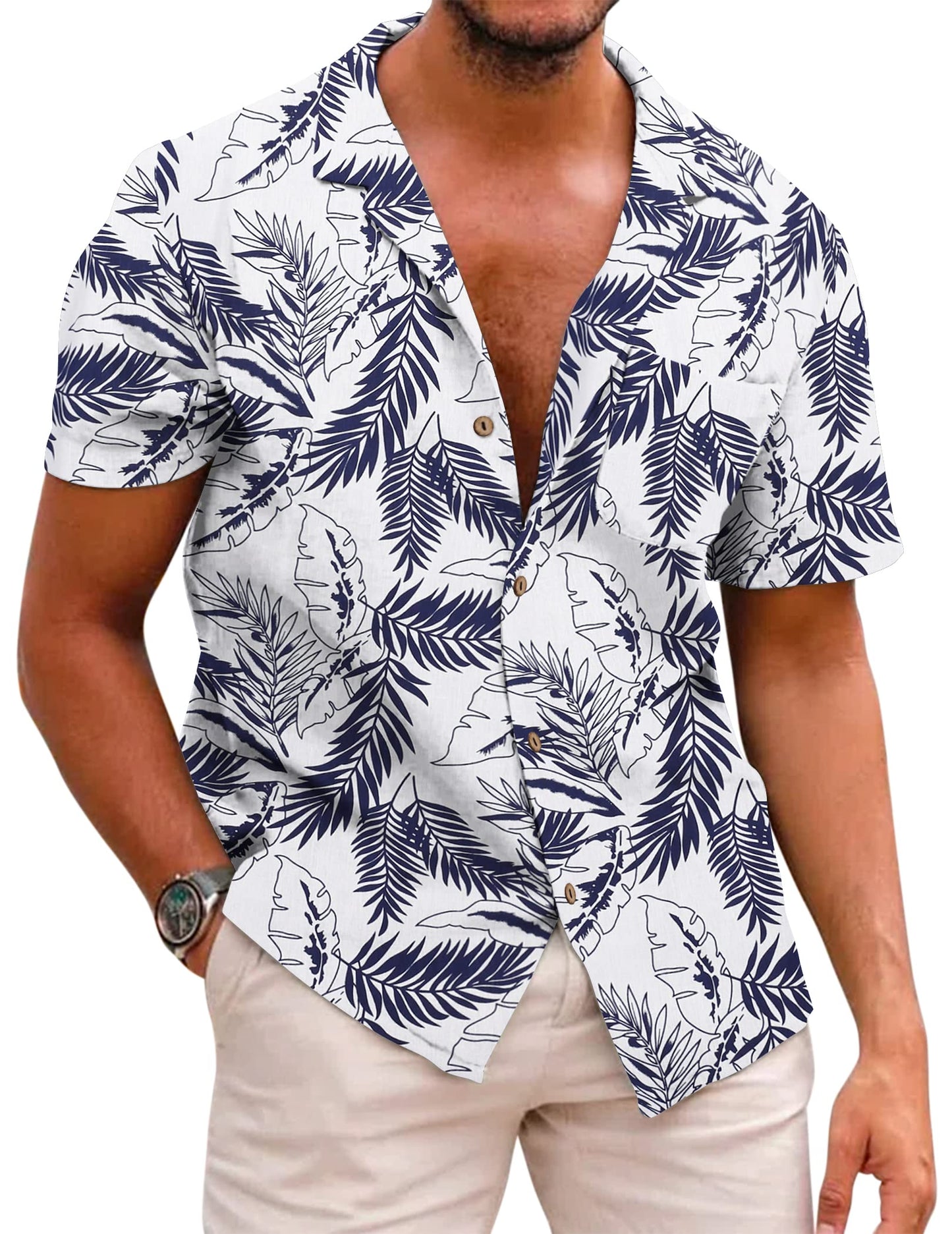 COOFANDY Men's Hawaiian Floral Shirts Cotton Linen Button Down Tropical Holiday Beach Shirts