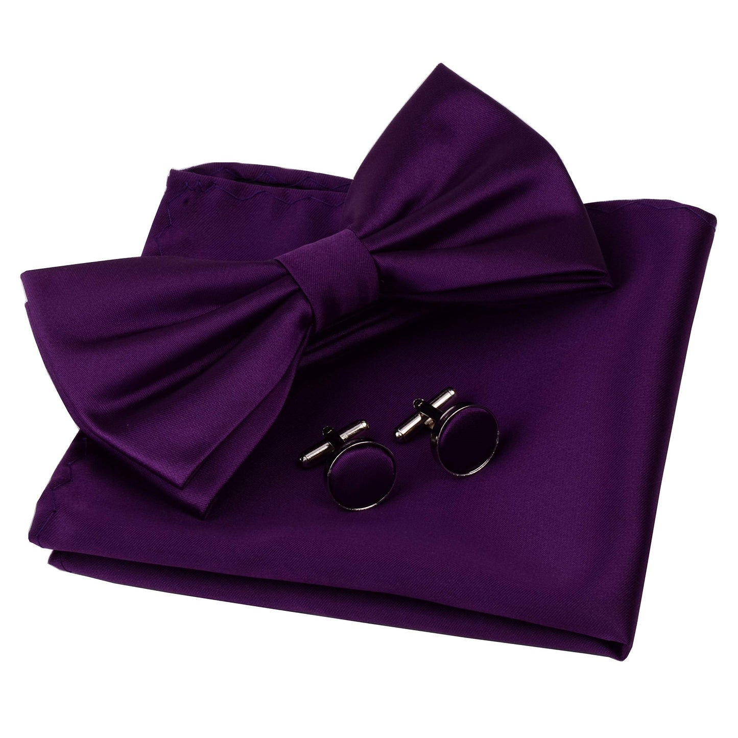 GUSLESON Mens Solid Color Double Fold Pre-tied Bow Tie and Pocket Square Cufflink Set with Gift Box