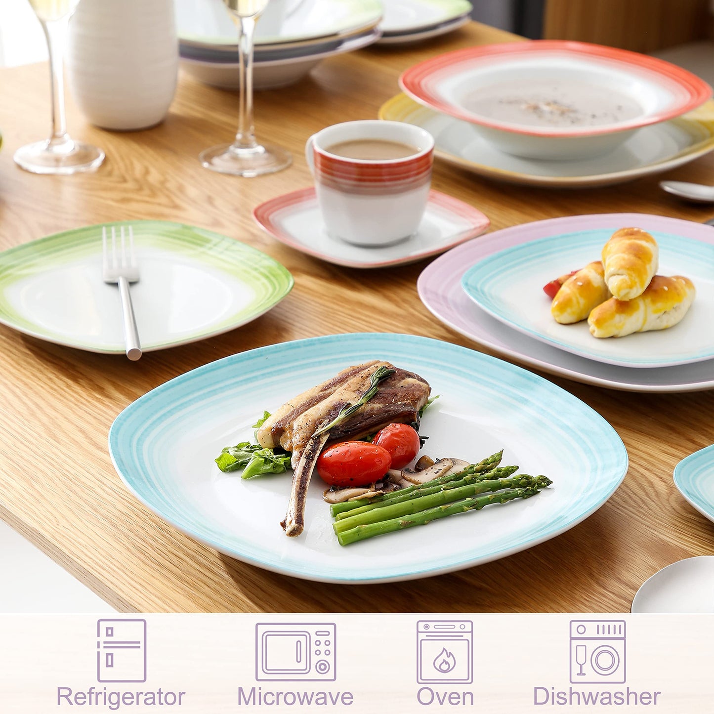 VEWEET, Series Annie, Porcelain Dinnerware Sets for 6, White Dish Set with Pink Floral, 30 PCS Dinner Sets Including Dinner Plates, Dessert Plates, Soup Plates Set, Cups & Saucers