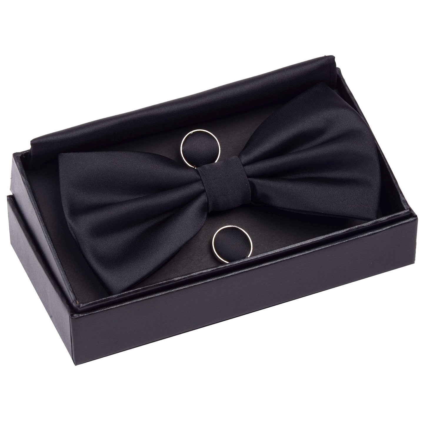 GUSLESON Mens Solid Color Double Fold Pre-tied Bow Tie and Pocket Square Cufflink Set with Gift Box