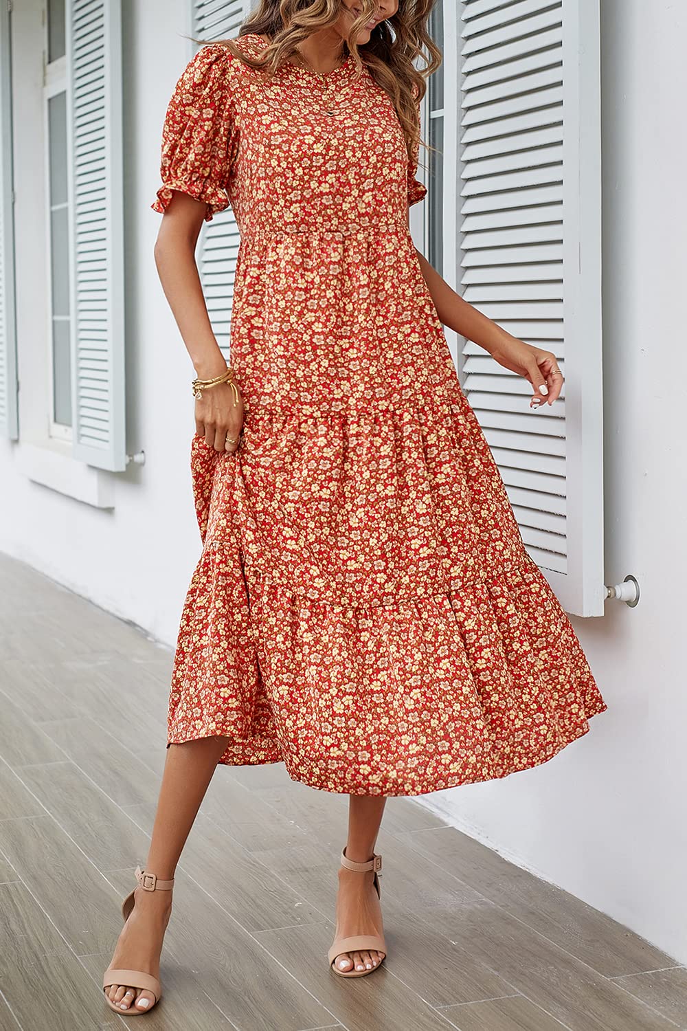 Pretty Garden Womens Summer Casual Boho Dress Floral Print Ruffle Puff Sleeve High Waist Midi