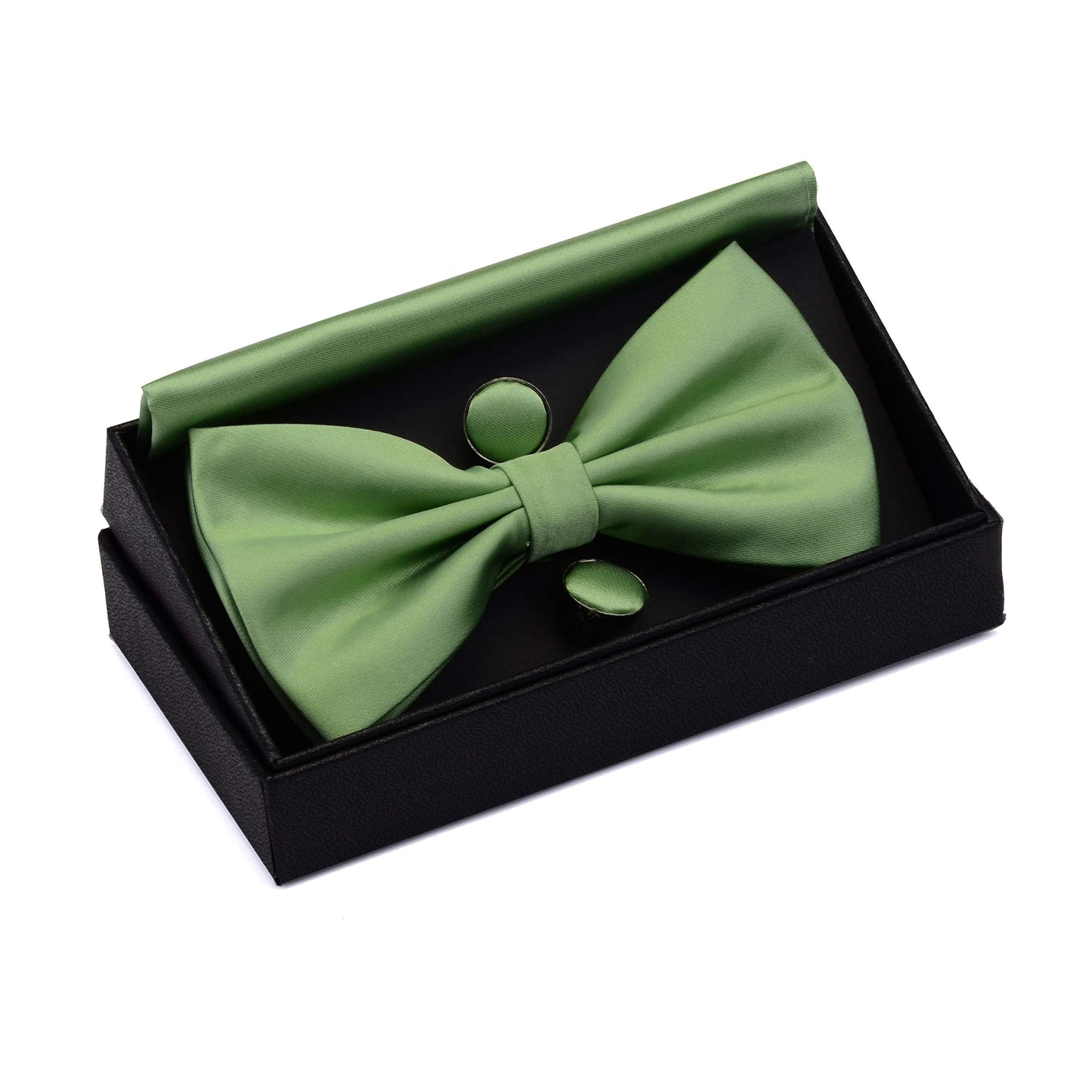 GUSLESON Mens Solid Color Double Fold Pre-tied Bow Tie and Pocket Square Cufflink Set with Gift Box