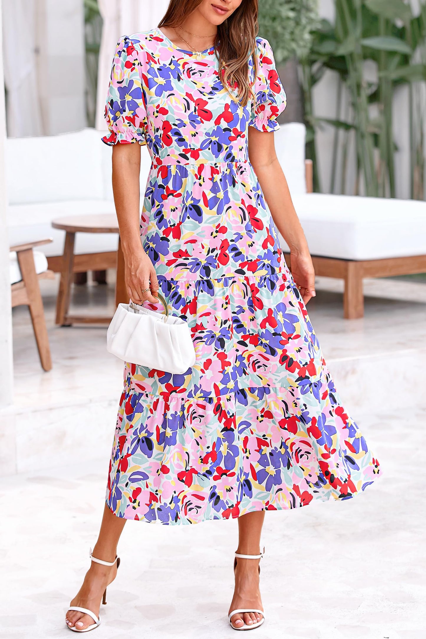 Pretty Garden Womens Summer Casual Boho Dress Floral Print Ruffle Puff Sleeve High Waist Midi