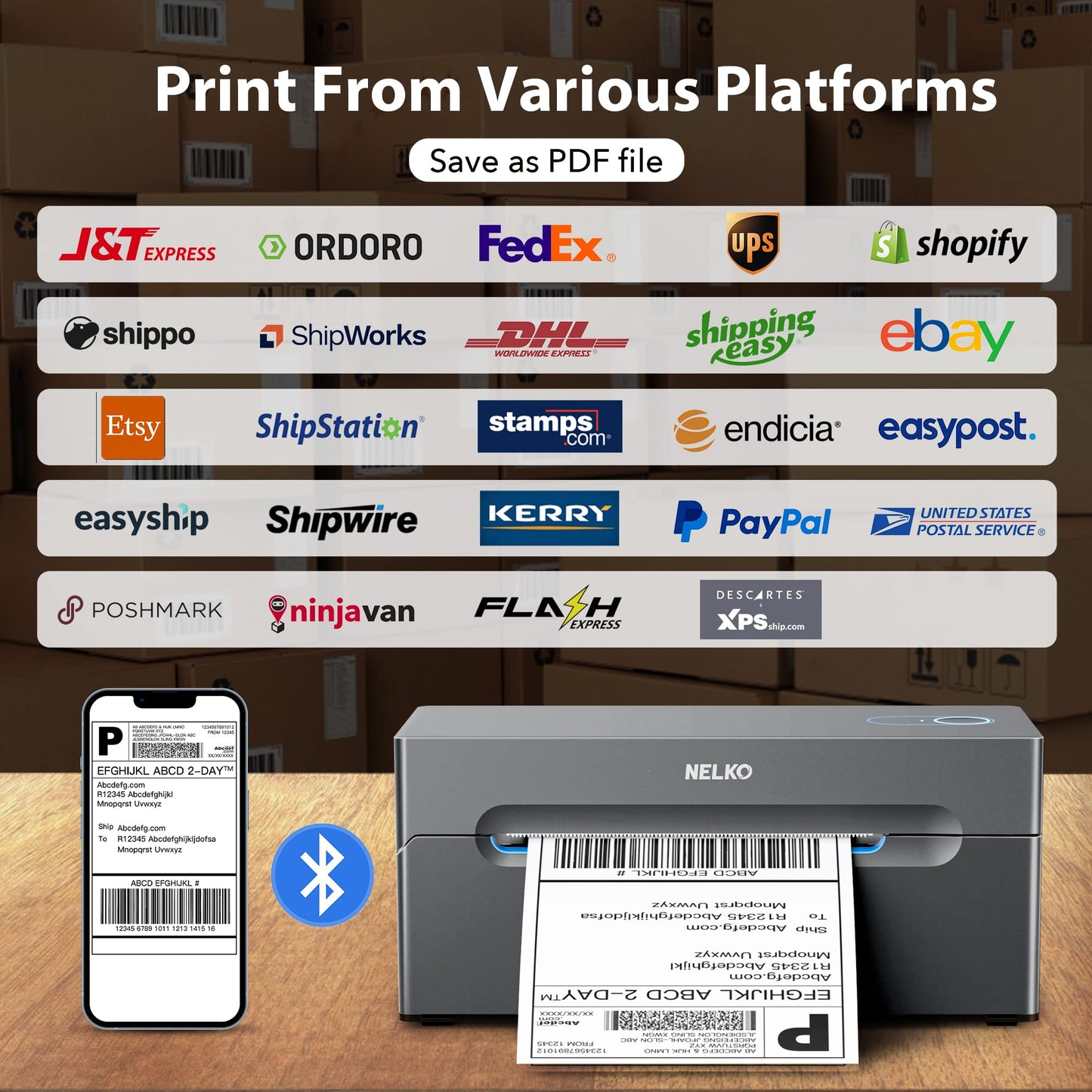 Nelko Bluetooth Thermal Shipping Label Printer, Wireless 4x6 Shipping Label Printer for Shipping Packages, Support Android, iPhone and Windows, Widely Used for Amazon, Ebay, Shopify, Etsy, USPS