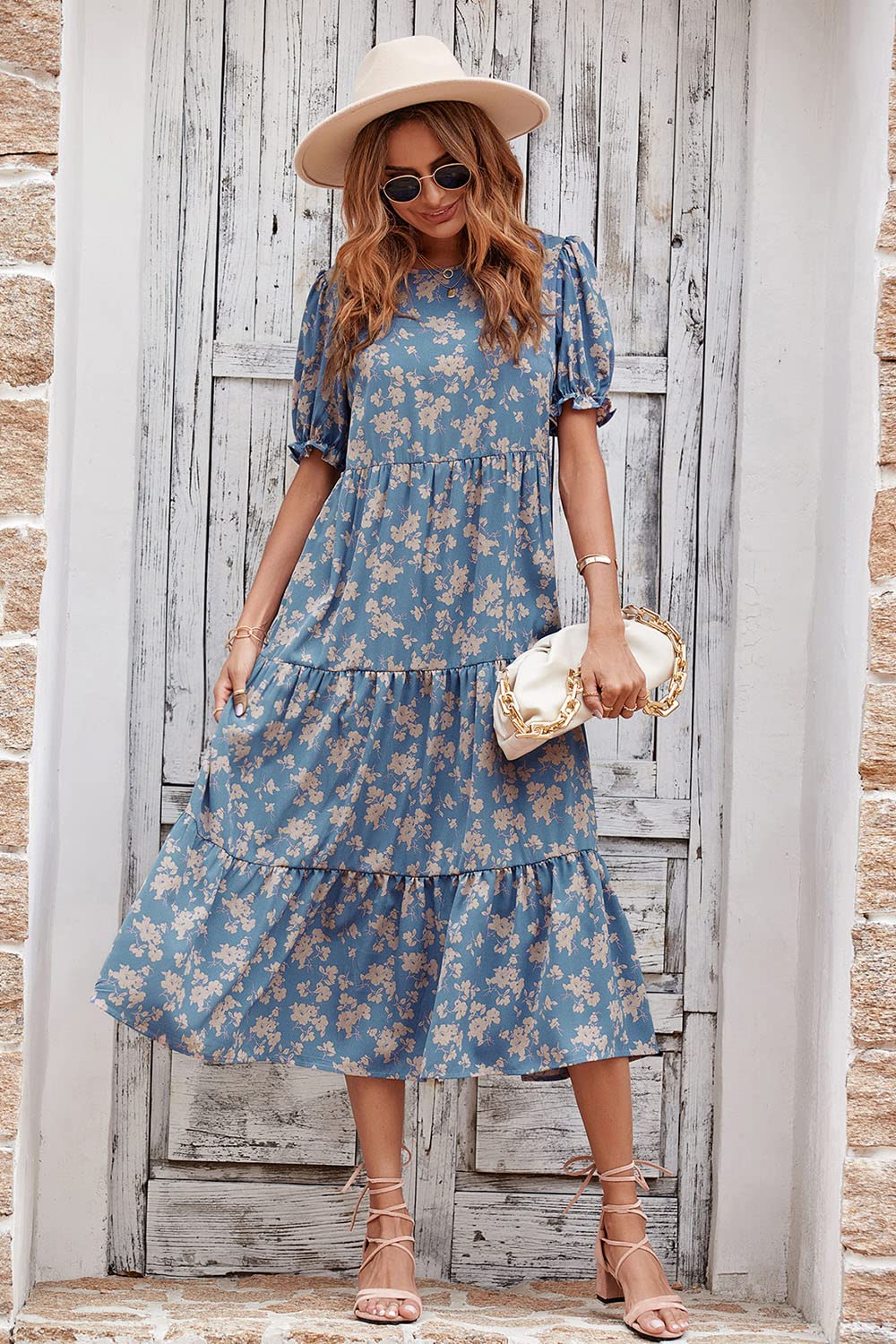 Pretty Garden Womens Summer Casual Boho Dress Floral Print Ruffle Puff Sleeve High Waist Midi