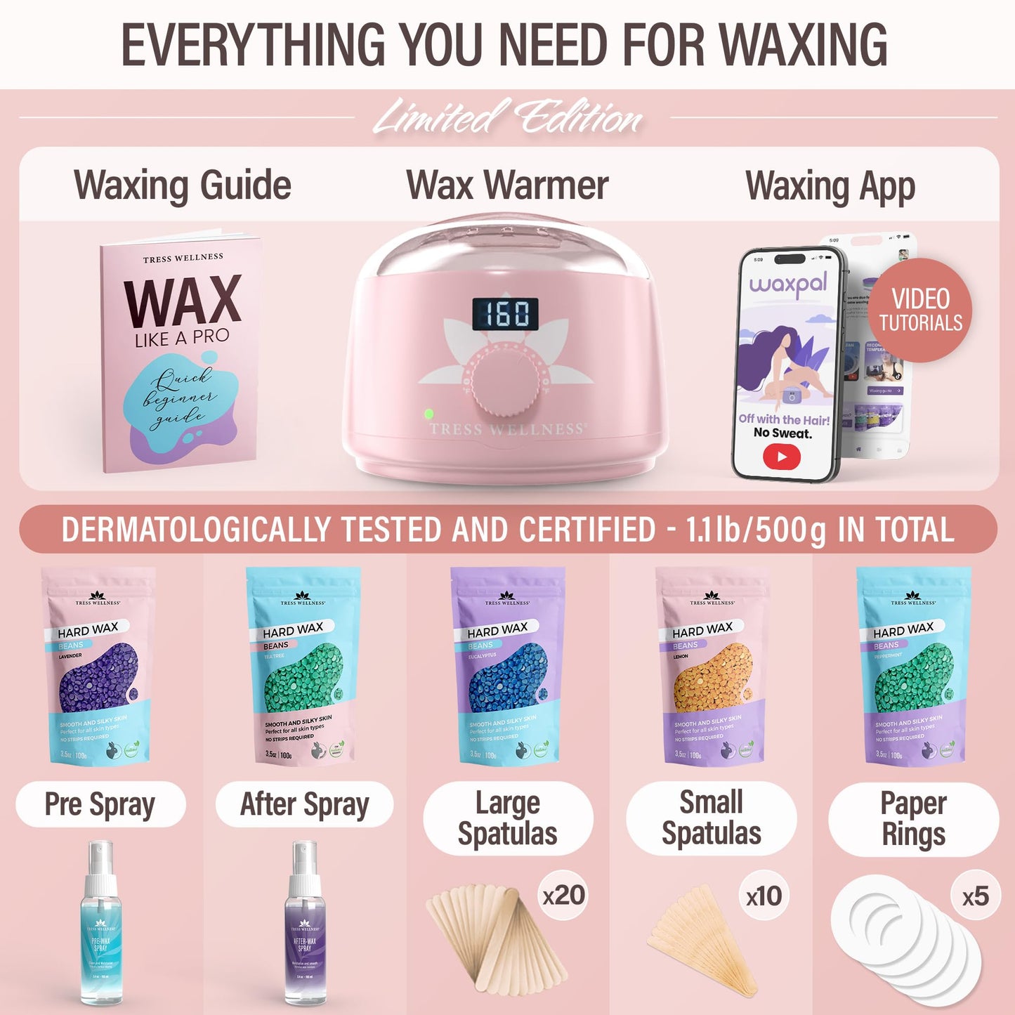 Tress Wellness Waxing Kit for Brazilian Wax - Easy to Use - For Sensitive Skin - Digital Display, Black Purple Flower