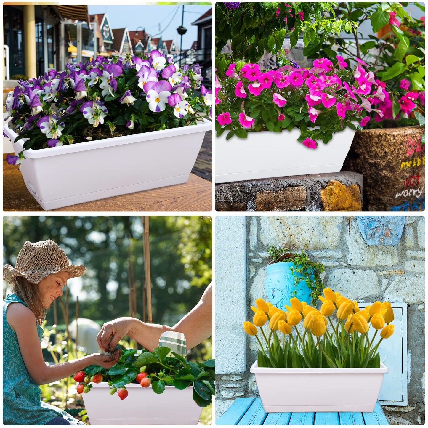 CHUKEMAOYI Window Box Planter, 7 Pack Plastic Vegetable Flower Planters Boxes 17 Inches Rectangular Flower Pots with Saucers for Indoor Outdoor Garden, Patio, Home Decor