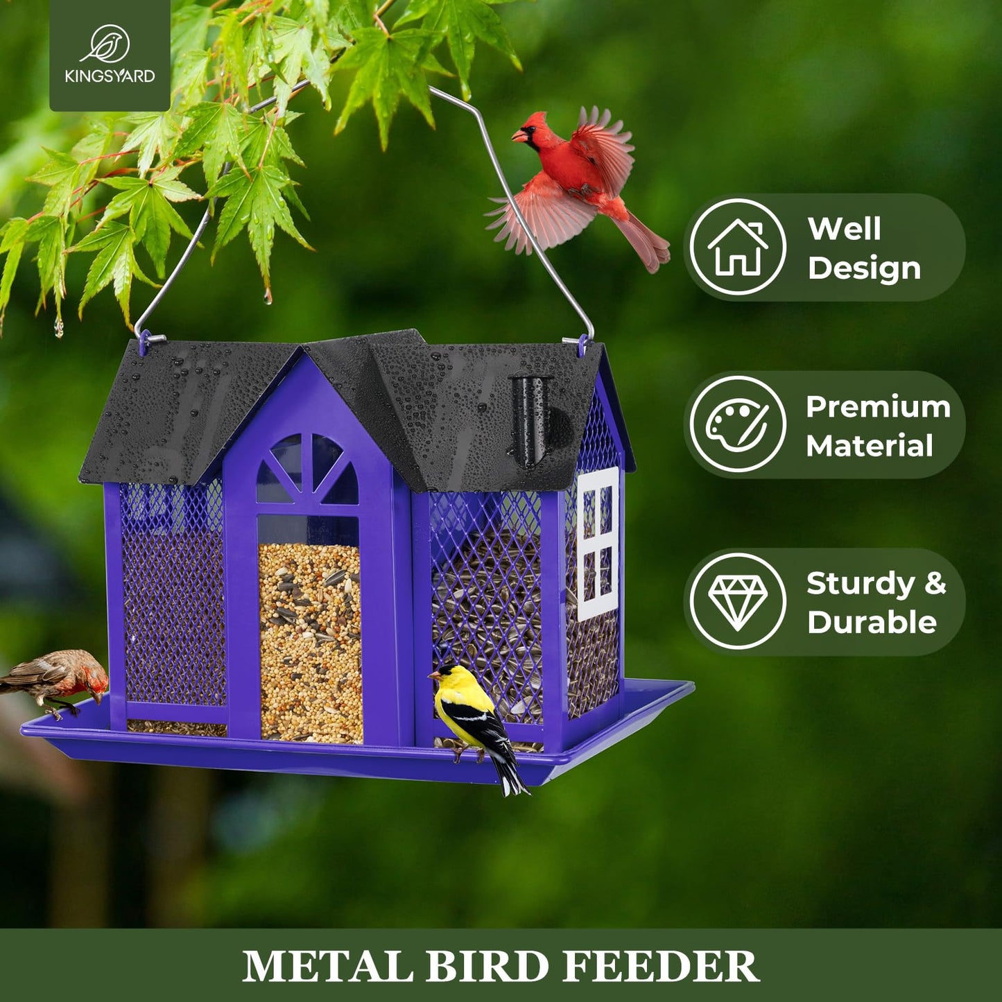 Kingsyard Bird Feeder House for Outside, Metal Mesh Wild Bird Feeder with Triple Feeders for Finch Cardinal Chickadee, Large Capacity, Weatherproof and Durable