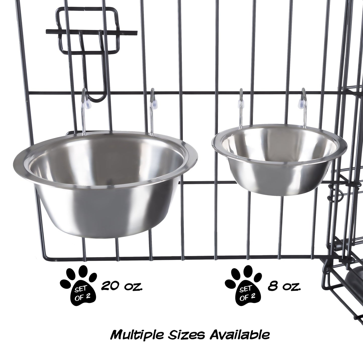 Set of 2 Stainless-Steel Dog Bowls - Cage, Kennel, and Crate Hanging Pet Bowls for Food and Water - 8oz Each and Dishwasher Safe by PETMAKER, Silver