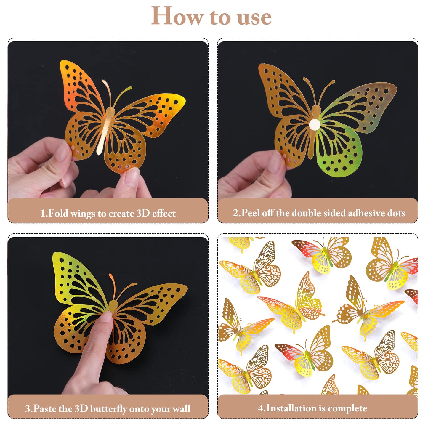 SAOROPEB 3D Butterfly Wall Decor 48 Pcs 4 Styles 3 Sizes, Gold Butterfly Decorations for Butterfly Birthday Decorations Butterfly Party Decorations Cake Decorations, Removable Stickers (Gold)