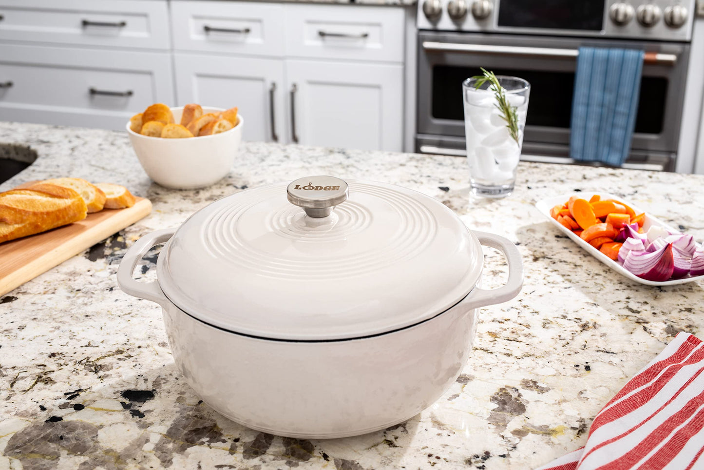 Lodge 6 Quart Enameled Cast Iron Dutch Oven with Lid – Dual Handles – Oven Safe up to 500° F or on Stovetop - Use to Marinate, Cook, Bake, Refrigerate and Serve – Oyster White