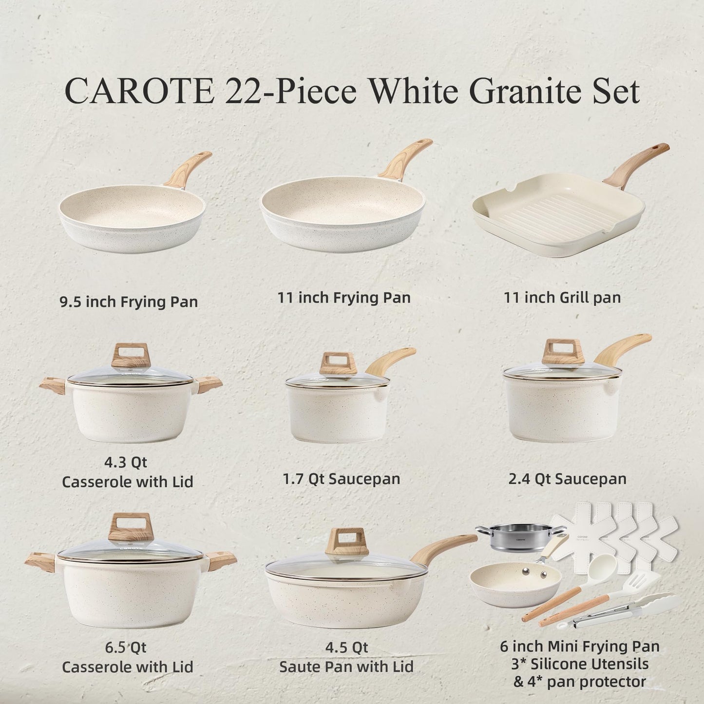 CAROTE Pots and Pans Set Nonstick, White Granite Induction Kitchen Cookware Set, 10 Pcs Non Stick Cooking Set w/Frying Pans & Saucepans(PFOS, PFOA Free)