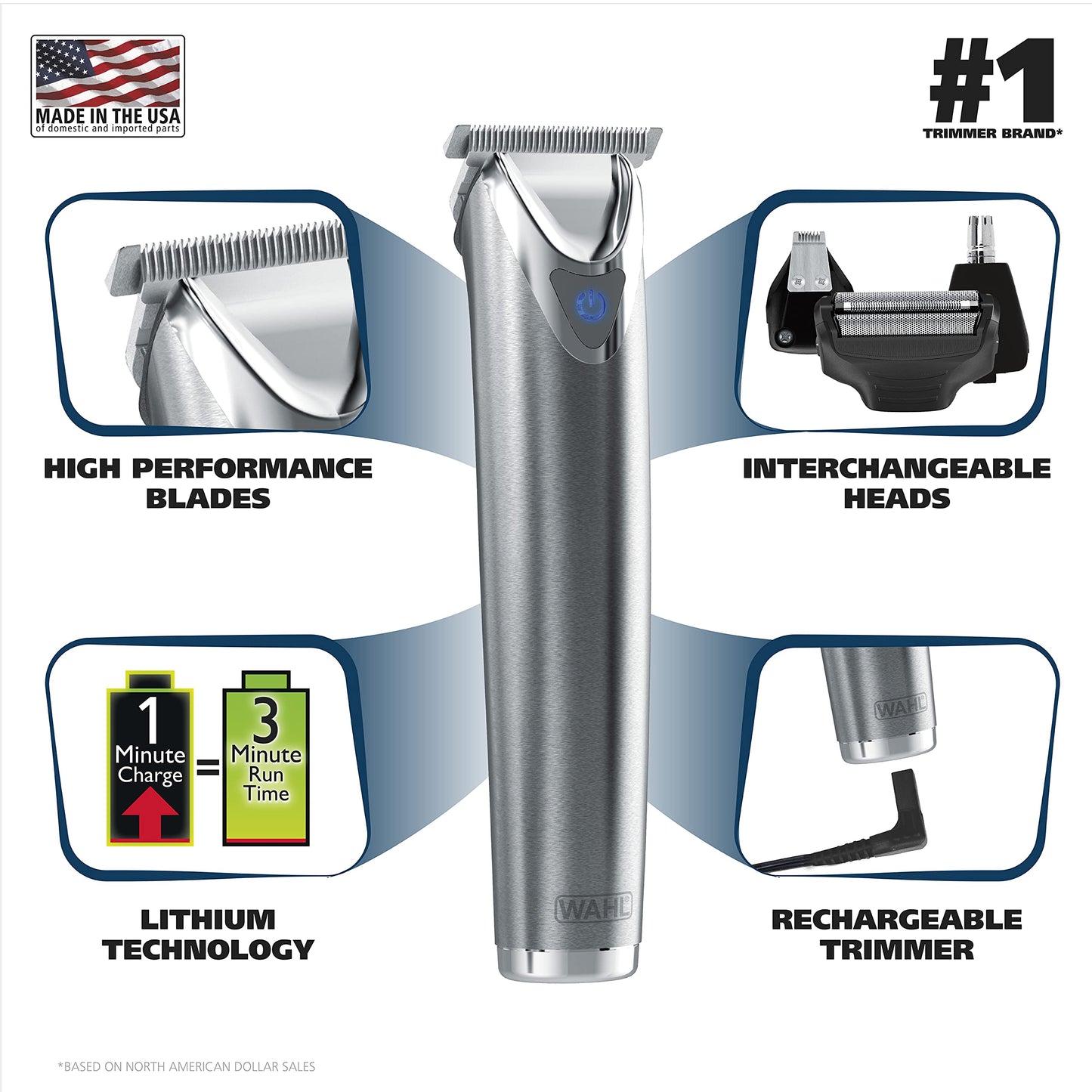 Wahl USA Stainless Steel Lithium Ion 2.0+ Beard Trimmer for Men - Electric Shaver & Nose Ear Trimmer - Rechargeable All in One Men's Grooming Kit - Model 9864SS