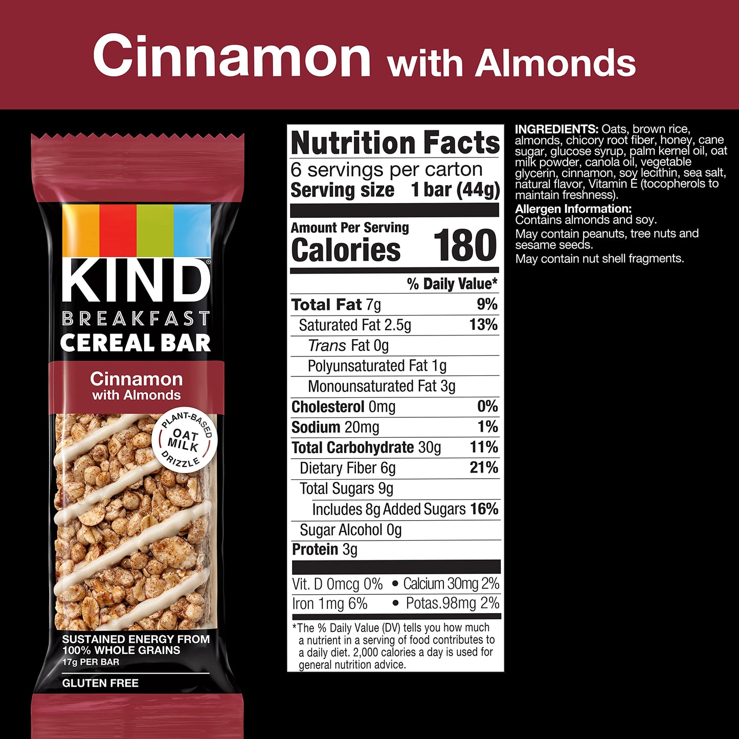 KIND Breakfast, Healthy Snack Bar, Almond Butter, Gluten Free Breakfast Bars, 8g Protein, 1.76 OZ Packs (6 Count)