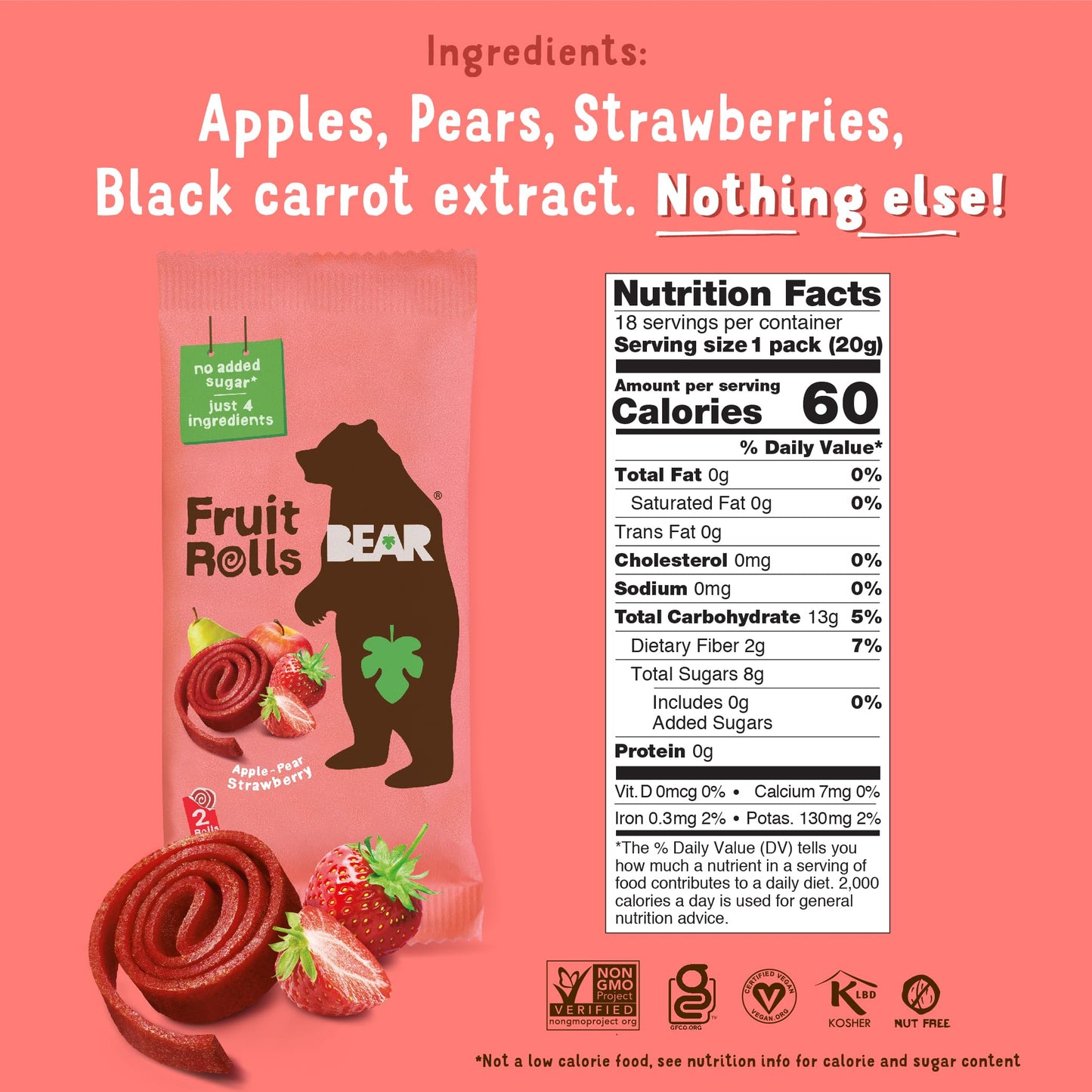 BEAR Real Fruit Snack Rolls - Gluten Free, Vegan, and Non-GMO - Strawberry – Healthy School And Lunch Snacks For Kids And Adults, 0.7 Ounce (Pack of 12)