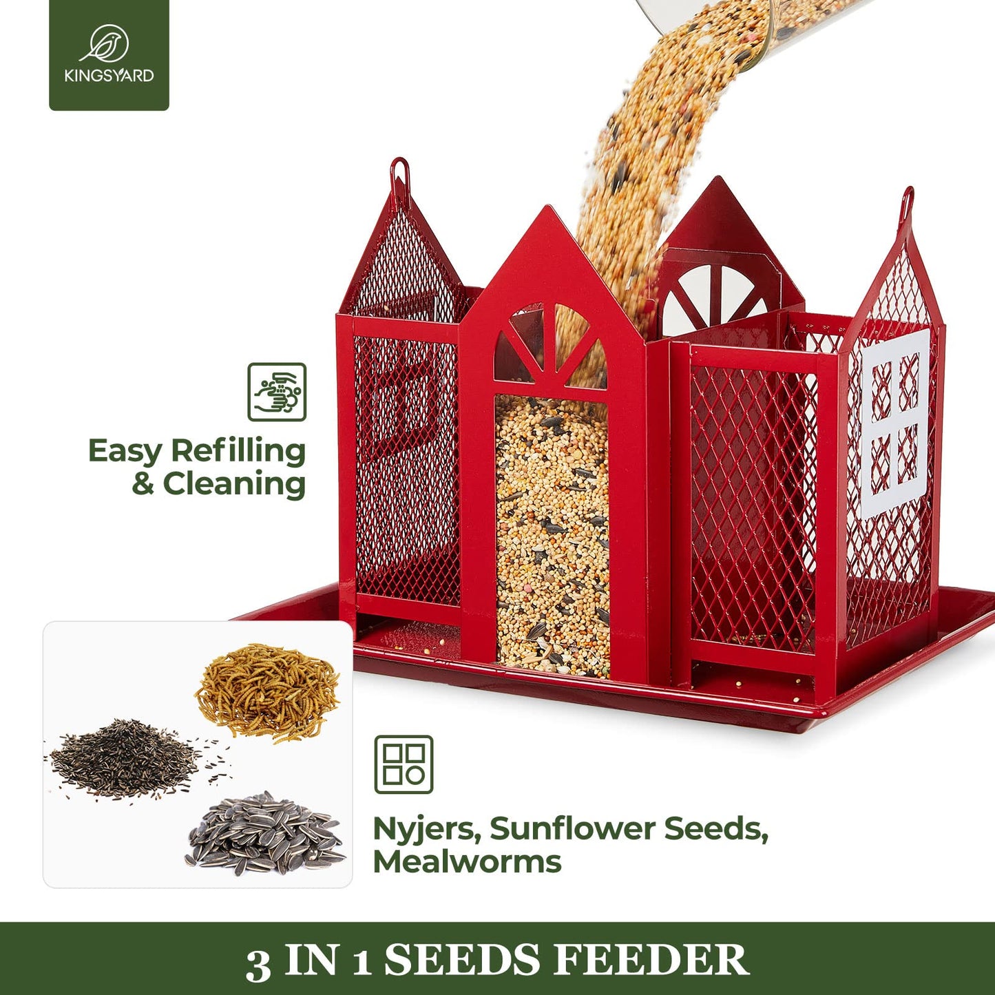 Kingsyard Bird Feeder House for Outside, Metal Mesh Wild Bird Feeder with Triple Feeders for Finch Cardinal Chickadee, Large Capacity, Weatherproof and Durable