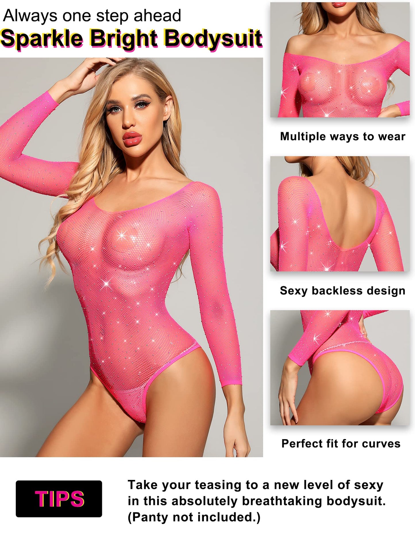 RSLOVE Women Lingerie Fishnet Bodysuit Sparkle Rhinestone Sexy Mesh Teddy Lingerie