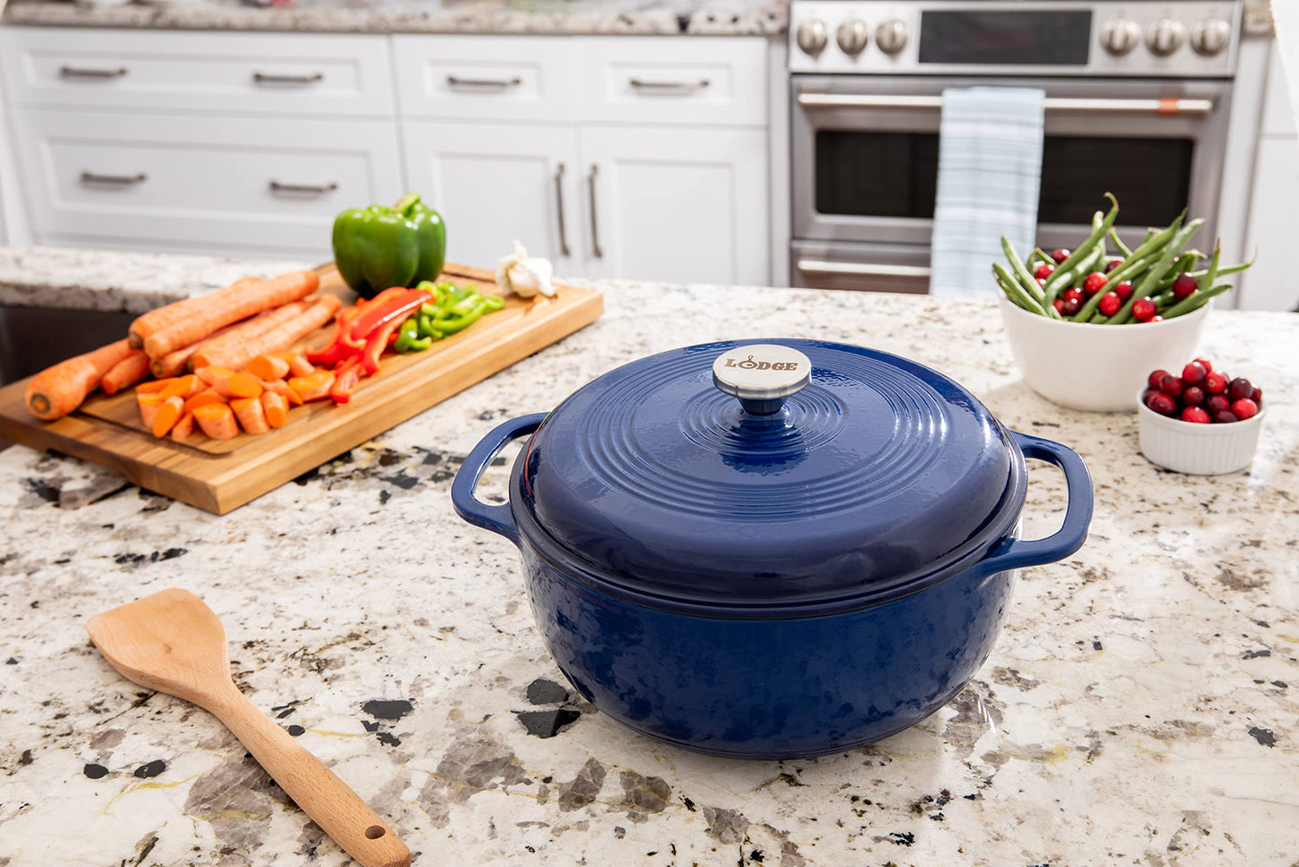 Lodge 6 Quart Enameled Cast Iron Dutch Oven with Lid – Dual Handles – Oven Safe up to 500° F or on Stovetop - Use to Marinate, Cook, Bake, Refrigerate and Serve – Oyster White