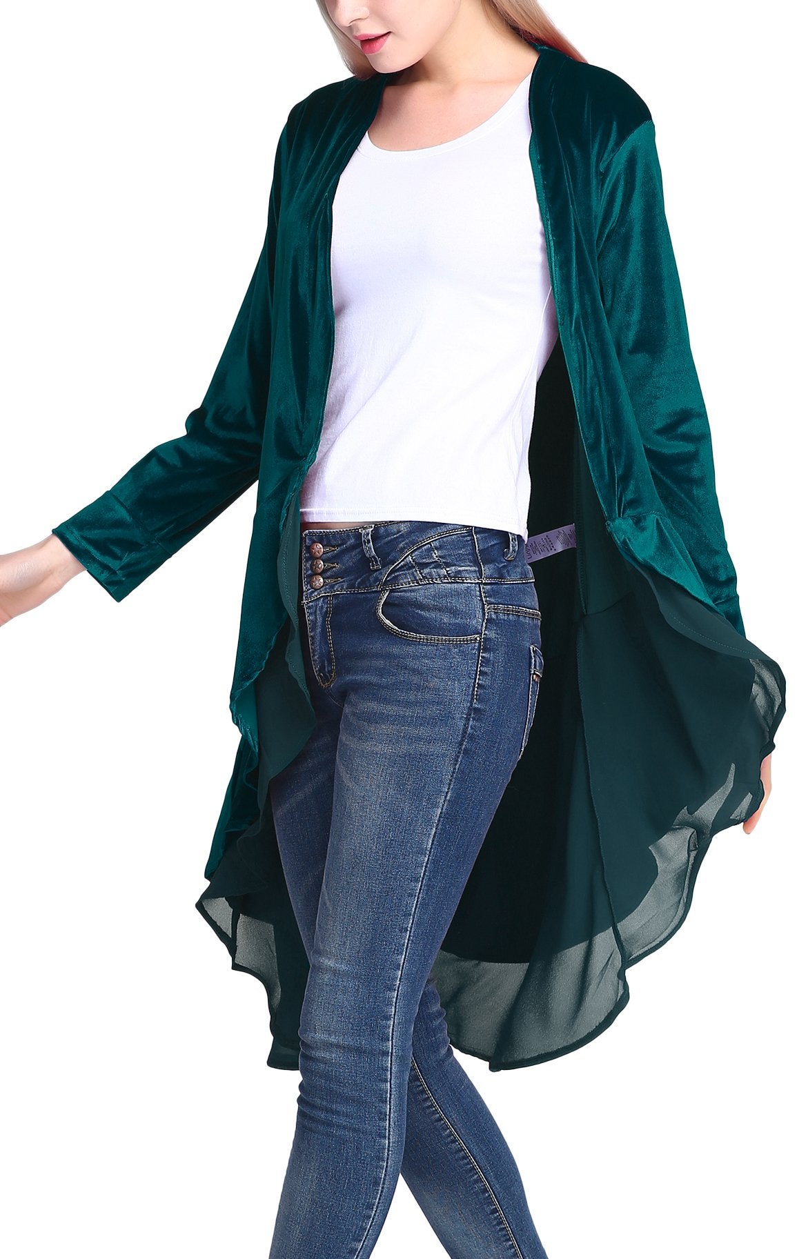 Urban CoCo Women's Long Sleeve Velvet Cardigan Coat with Asymmetric Chiffon Hem