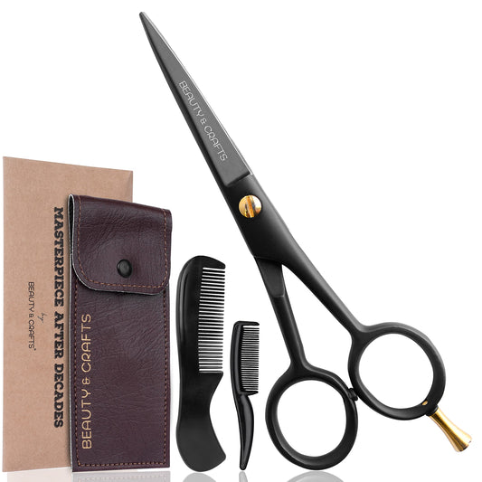 Beauty & Crafts- 5'' German Beard Mustache Scissor- 2 Mustache Combs for Facial Hair with Beautiful Pouch - Beard Trimming Scissors Use for Grooming, Cutting, and Styling of Mustache (Black)