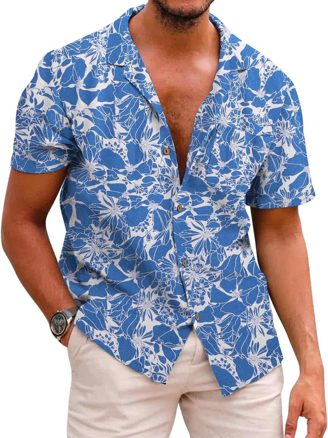 COOFANDY Men's Hawaiian Floral Shirts Cotton Linen Button Down Tropical Holiday Beach Shirts