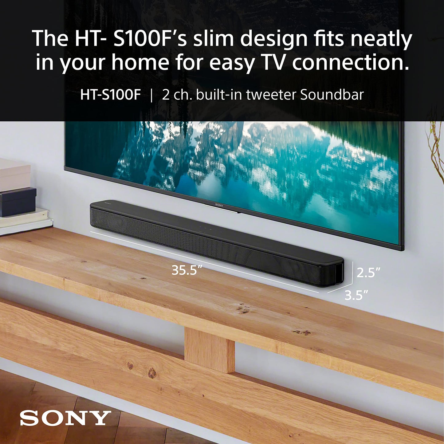 Sony S100F 2.0ch Soundbar with Bass Reflex Speaker, Integrated Tweeter and Bluetooth, (HTS100F), easy setup, compact, home office use with clear sound black