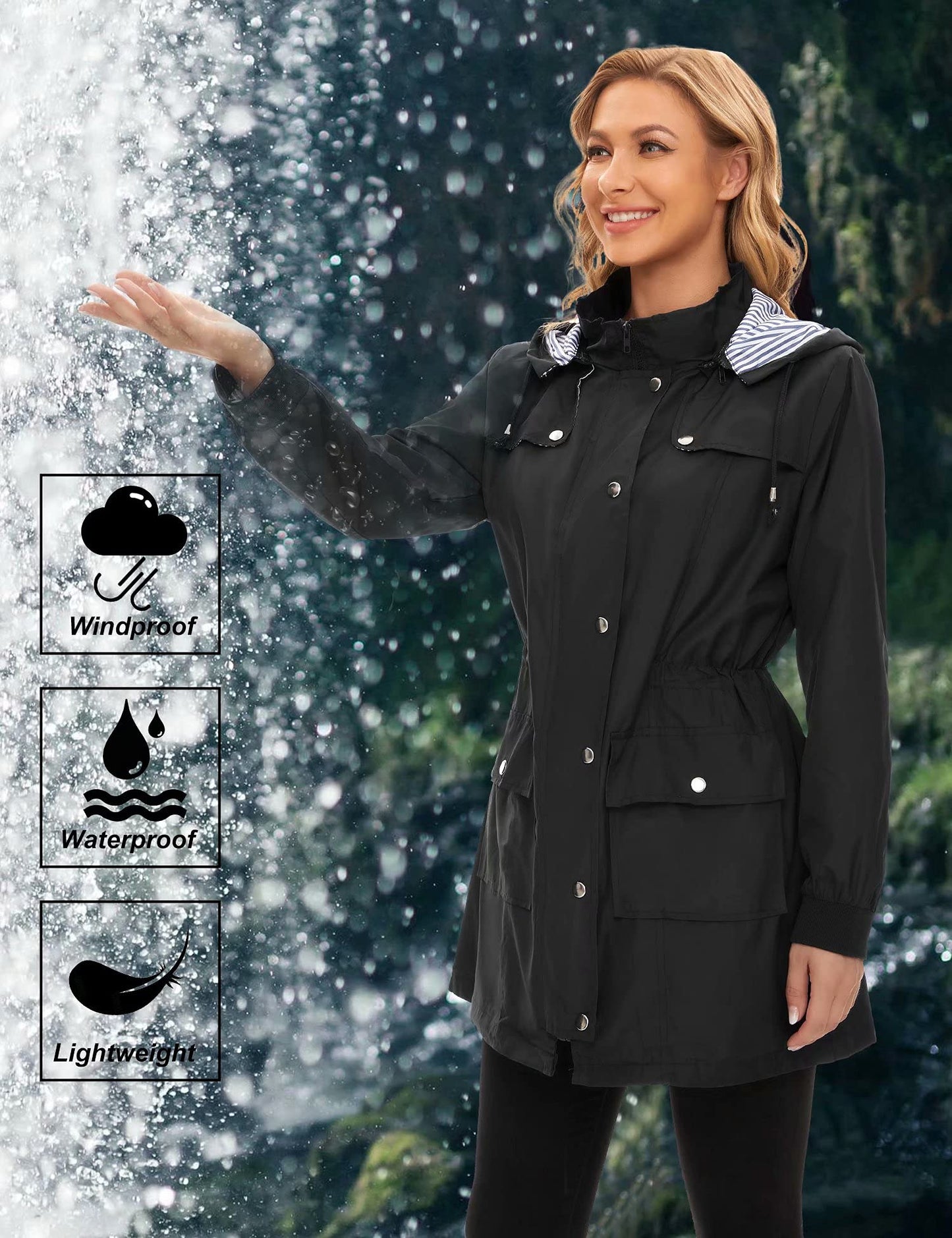 Bloggerlove Rain Jacket Women Lightweight Raincoat Waterproof Windbreaker Striped Climbing Outdoor Hooded Trench Coats S-XXL