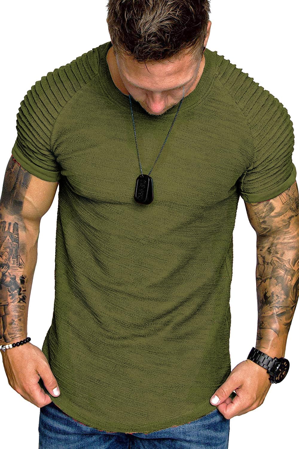 COOFANDY Men's Muscle T-Shirt Pleated Raglan Sleeve Bodybuilding Gym Tee Short Sleeve Fashion Workout Shirts Hipster Shirt