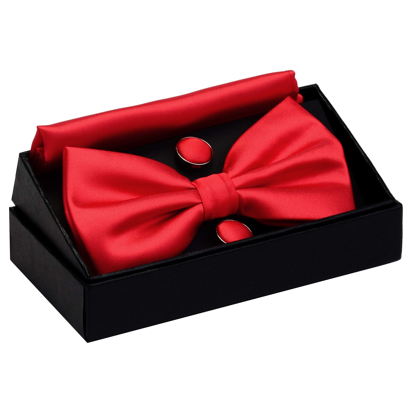 GUSLESON Mens Solid Color Double Fold Pre-tied Bow Tie and Pocket Square Cufflink Set with Gift Box