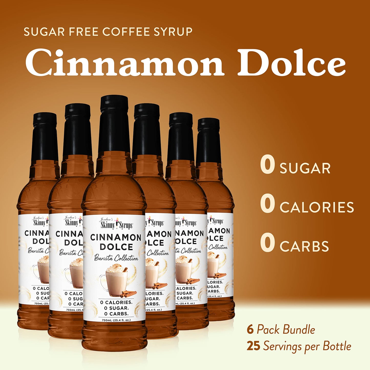 Jordan's Skinny Syrups Sugar Free Coffee Syrup, Cinnamon Dolce Flavor Drink Mix, Zero Calorie Flavoring for Chai Latte, Protein Shake, Food and More, Gluten Free, Keto Friendly, 25.4 Fl Oz, 1 Pack