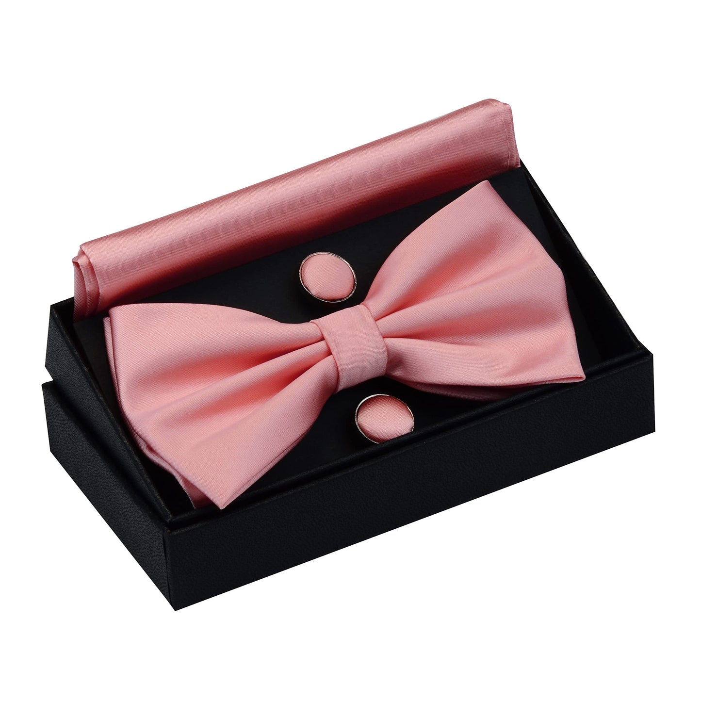 GUSLESON Mens Solid Color Double Fold Pre-tied Bow Tie and Pocket Square Cufflink Set with Gift Box