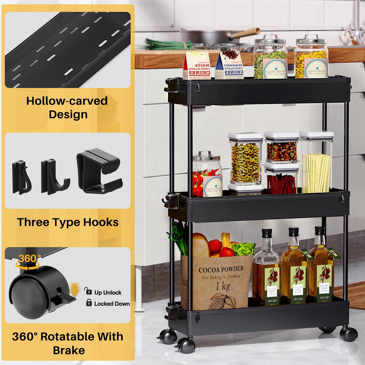 SPACEKEEPER Slim Rolling Storage Cart, 3 Tier Bathroom Storage Organizer Laundry Room Utility Cart Mobile Shelving Unit, Multi-Purpose for Kitchen Office Bathroom Laundry Narrow Places, White