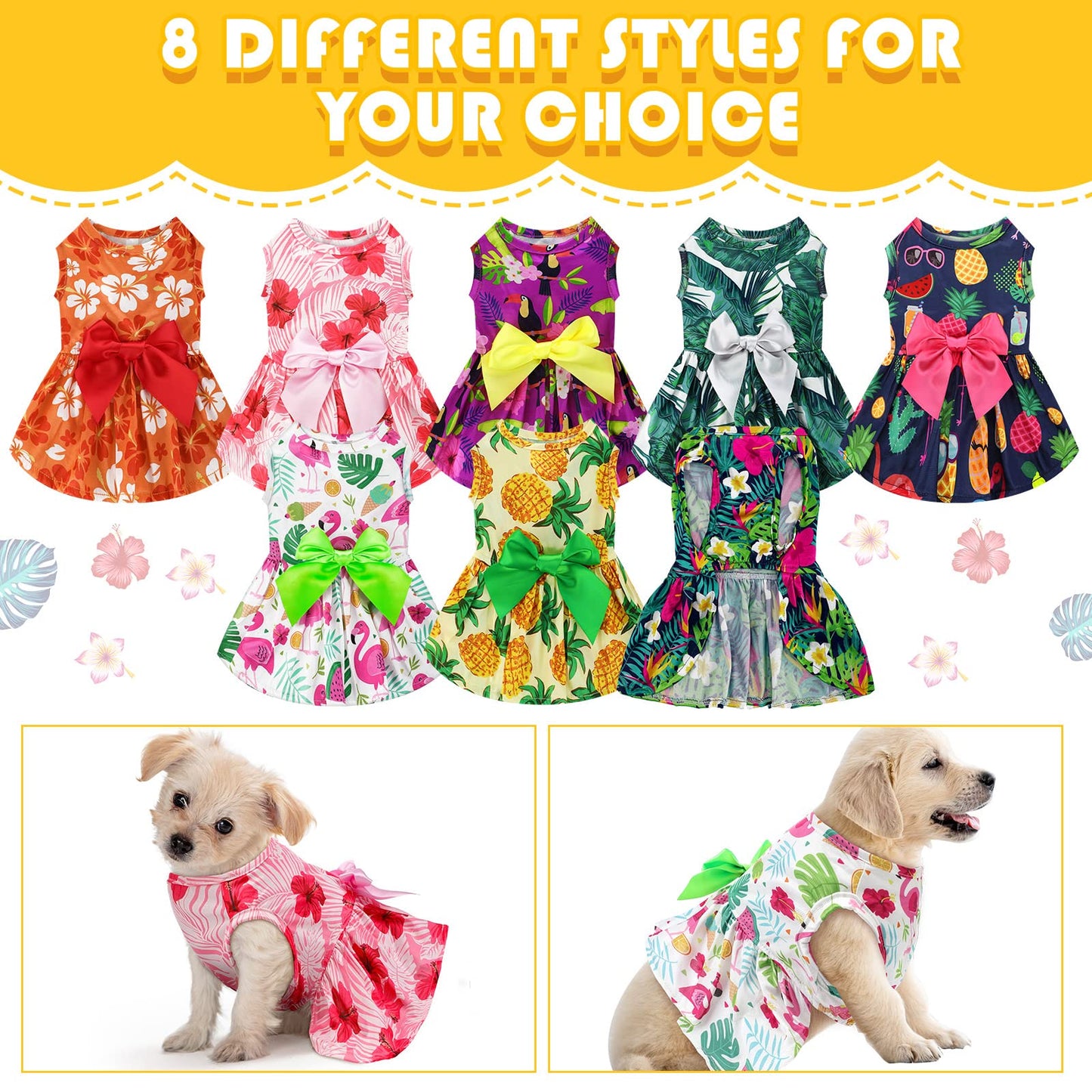 LEIFIDE 8 Pcs Summer Themed Hawaii Dog Dresses Holiday Dog Dress Flamingo Fruit Floral Pattern Pet Skirts Hawaii Puppy Princess Dresses Outfits Bowknot Puppy Dresses for Girl Dogs Cats Beach (Small)