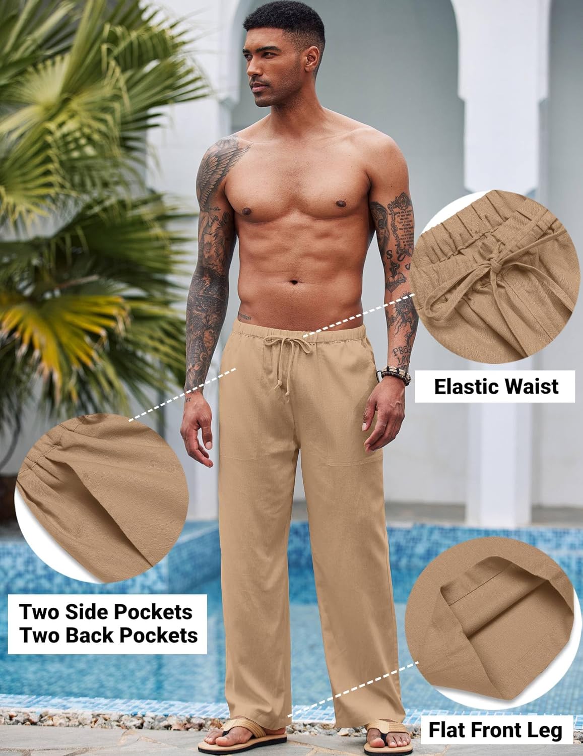 COOFANDY Mens Linen Drawstring Pants Elastic Waist Lightweight Trouser Casual Yoga Summer Beach Pant