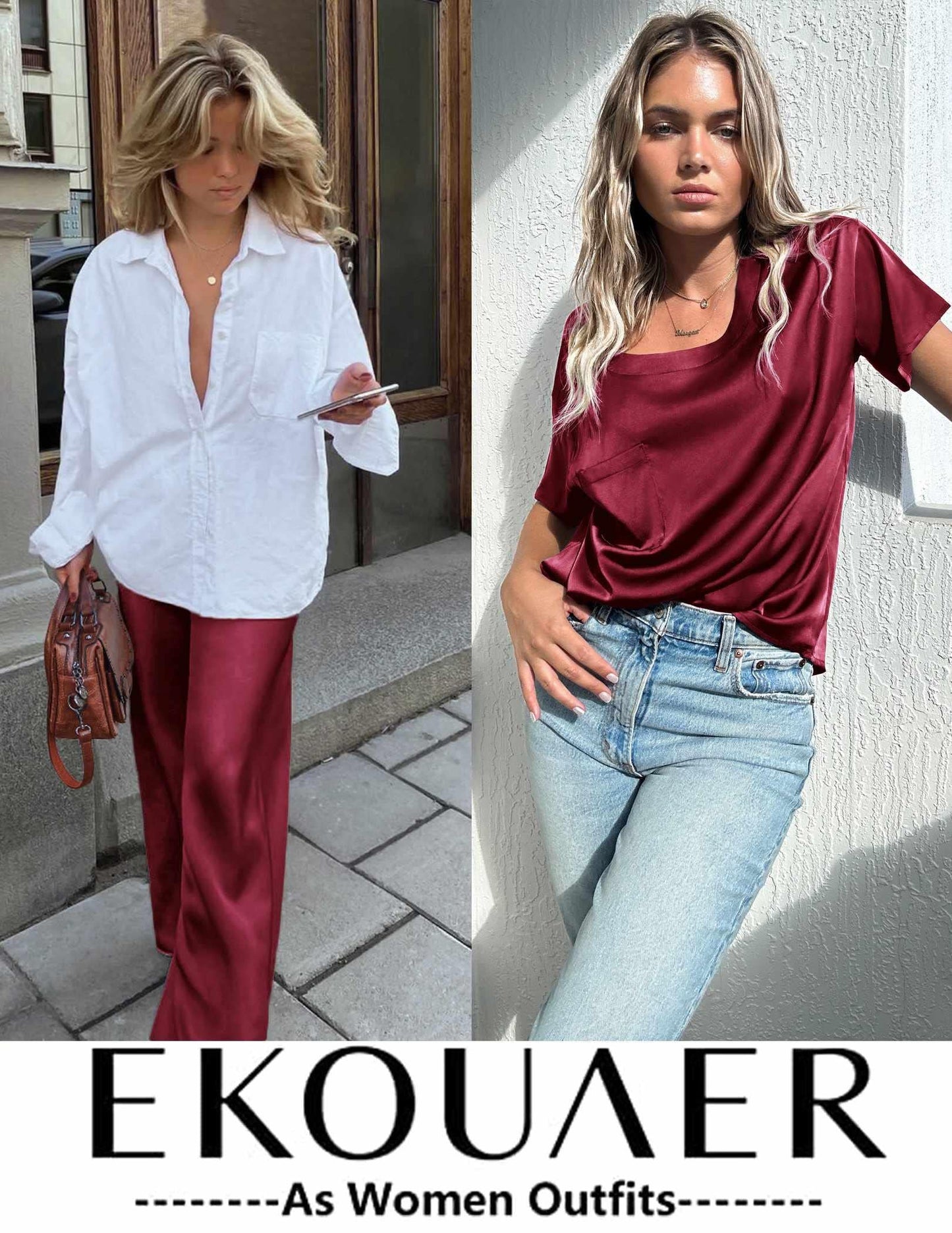 Ekouaer Womens Satin Silky Pajama Set Short Sleeve Shirt with Long Pajama Pant Set Soft PJ Loungewear