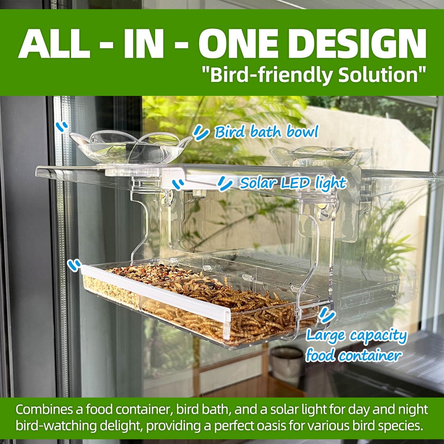 Window Bird Feeder with Non-Marking Self-Adhesive Hooks, Clear Window Bird Feeder for Outside, Transparent Bird House, Outdoor Bird Feeders, Wild Bird Watching Gift, Garden Decor