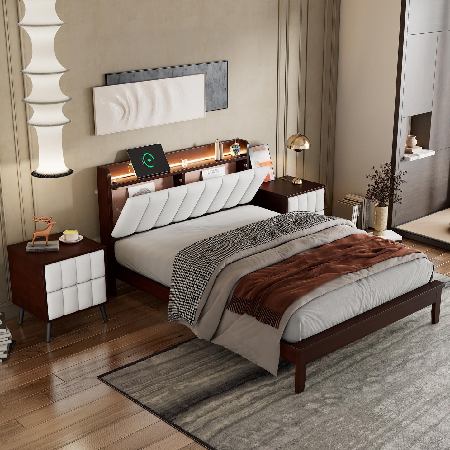 FurGenius 3-Pieces Bedroom Sets, Full Size Platform Bed with Storage Upholstered Headboard and Two Nightstands, Solid Wood Bedframe w/USB Charging Station & LED Light for Adult Teens, Walnut+Beige